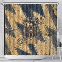 Maahes Ancient Egyptian Shower Curtain Geometric Pattern Winged Lion Deity, and Sacred Lotus Motif - Wonder Print Shop