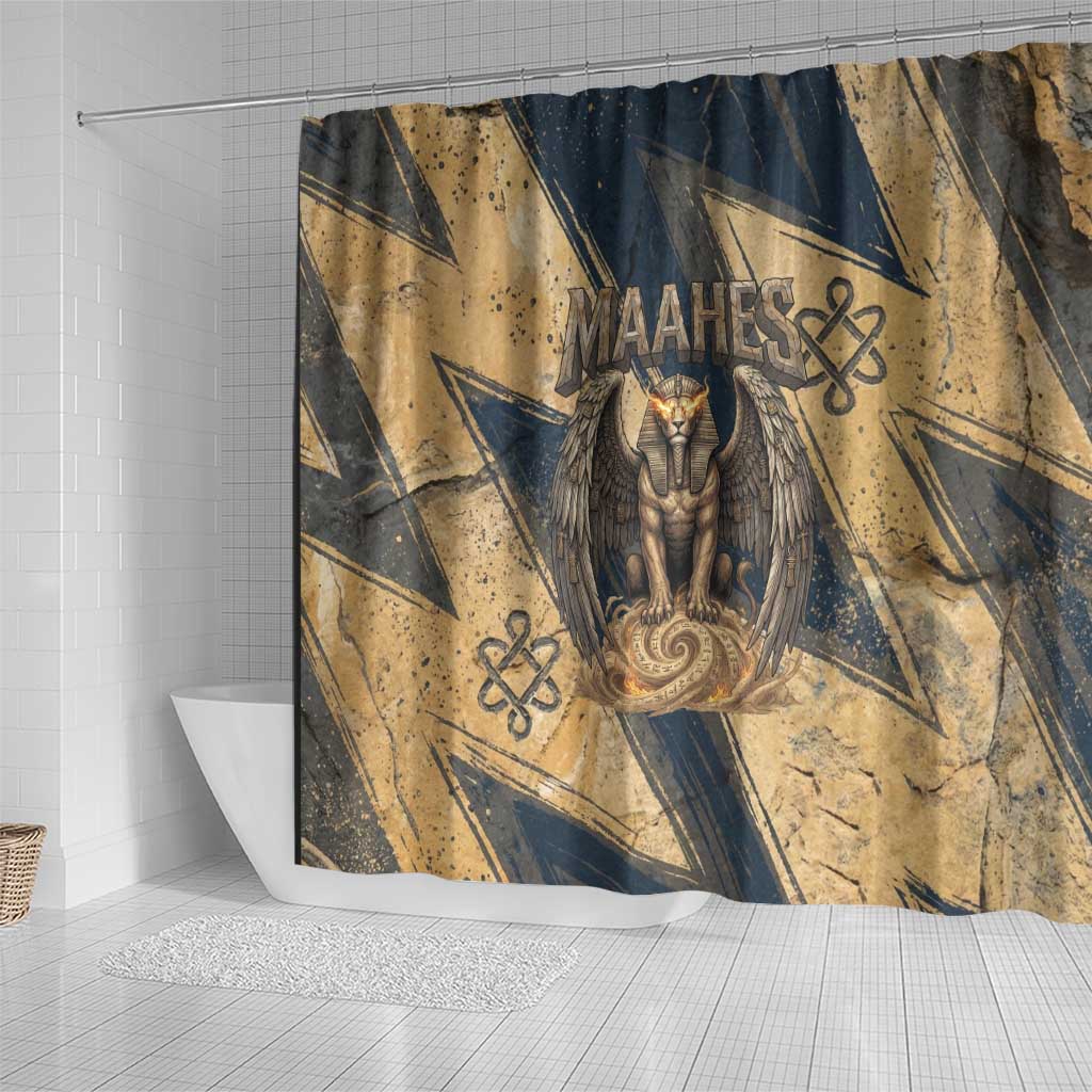 Maahes Ancient Egyptian Shower Curtain Geometric Pattern Winged Lion Deity, and Sacred Lotus Motif - Wonder Print Shop