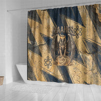 Maahes Ancient Egyptian Shower Curtain Geometric Pattern Winged Lion Deity, and Sacred Lotus Motif - Wonder Print Shop