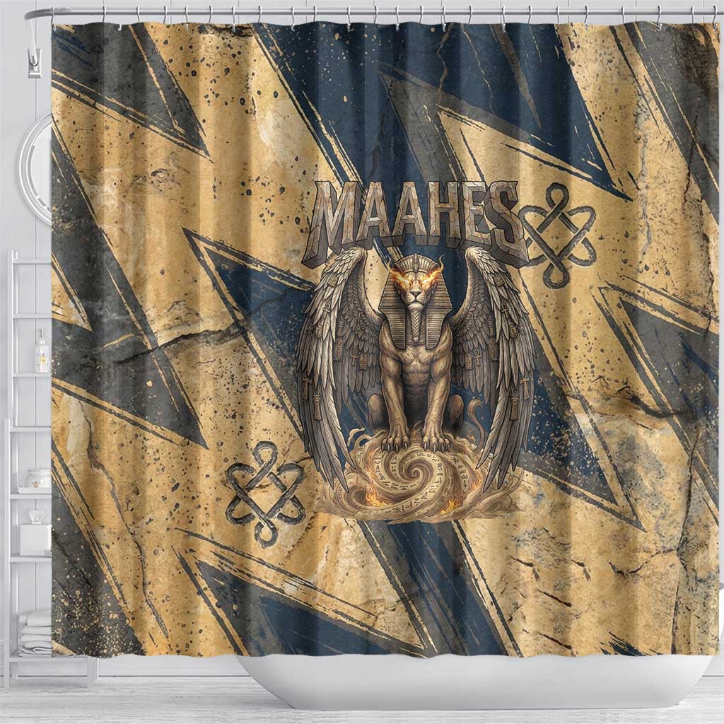Maahes Ancient Egyptian Shower Curtain Geometric Pattern Winged Lion Deity, and Sacred Lotus Motif - Wonder Print Shop