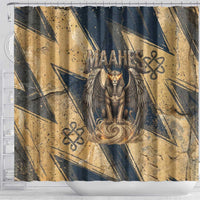 Maahes Ancient Egyptian Shower Curtain Geometric Pattern Winged Lion Deity, and Sacred Lotus Motif - Wonder Print Shop