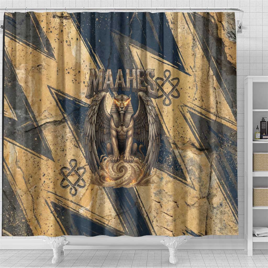 Maahes Ancient Egyptian Shower Curtain Geometric Pattern Winged Lion Deity, and Sacred Lotus Motif - Wonder Print Shop