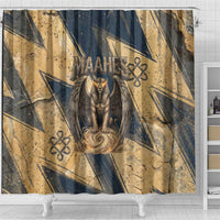 Maahes Ancient Egyptian Shower Curtain Geometric Pattern Winged Lion Deity, and Sacred Lotus Motif - Wonder Print Shop