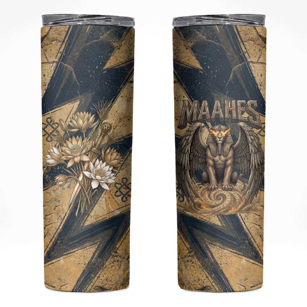 Maahes Ancient Egyptian Skinny Tumbler Geometric Pattern Winged Lion Deity, and Sacred Lotus Motif - Wonder Print Shop