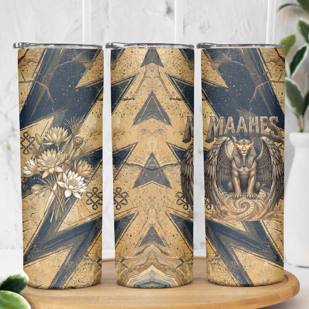 Maahes Ancient Egyptian Skinny Tumbler Geometric Pattern Winged Lion Deity, and Sacred Lotus Motif - Wonder Print Shop