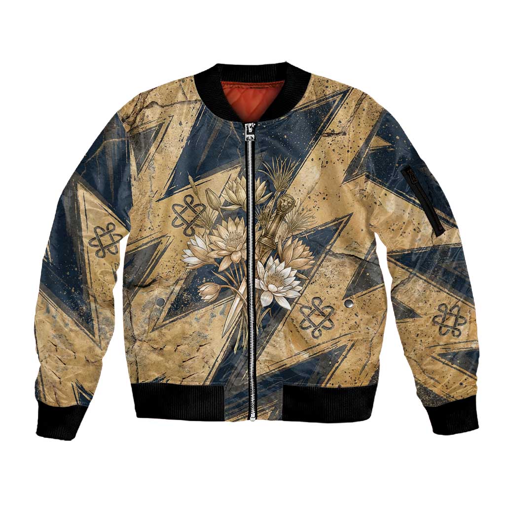 Maahes Ancient Egyptian Sleeve Zip Bomber Jacket Geometric Pattern Winged Lion Deity, and Sacred Lotus Motif - Wonder Print Shop