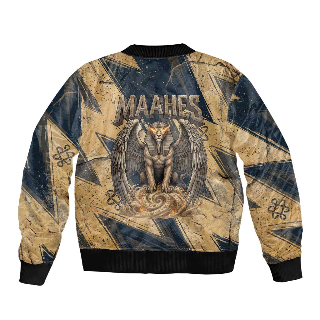 Maahes Ancient Egyptian Sleeve Zip Bomber Jacket Geometric Pattern Winged Lion Deity, and Sacred Lotus Motif - Wonder Print Shop