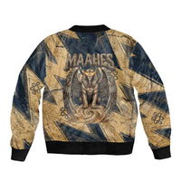 Maahes Ancient Egyptian Sleeve Zip Bomber Jacket Geometric Pattern Winged Lion Deity, and Sacred Lotus Motif - Wonder Print Shop