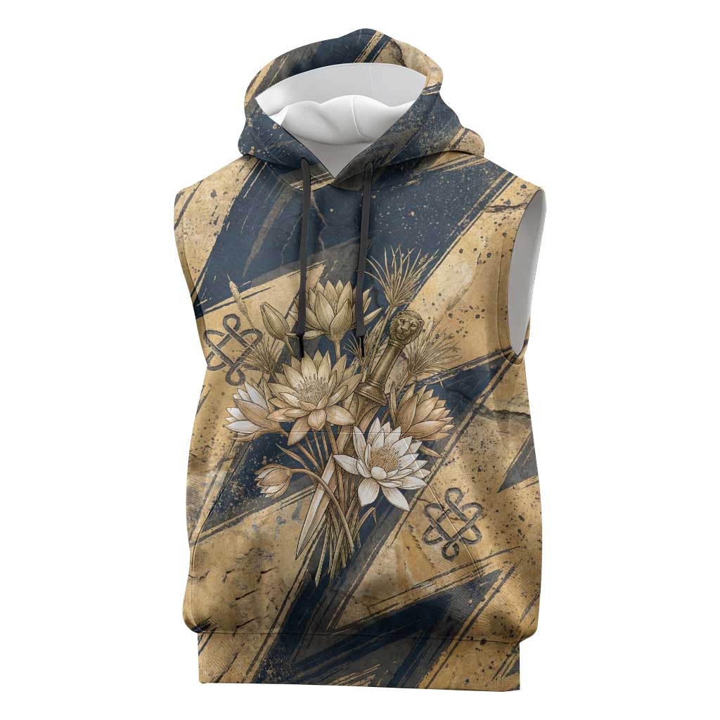 Maahes Ancient Egyptian Sleeveless Hoodie Geometric Pattern Winged Lion Deity, and Sacred Lotus Motif - Wonder Print Shop