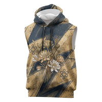 Maahes Ancient Egyptian Sleeveless Hoodie Geometric Pattern Winged Lion Deity, and Sacred Lotus Motif - Wonder Print Shop