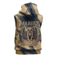 Maahes Ancient Egyptian Sleeveless Hoodie Geometric Pattern Winged Lion Deity, and Sacred Lotus Motif - Wonder Print Shop