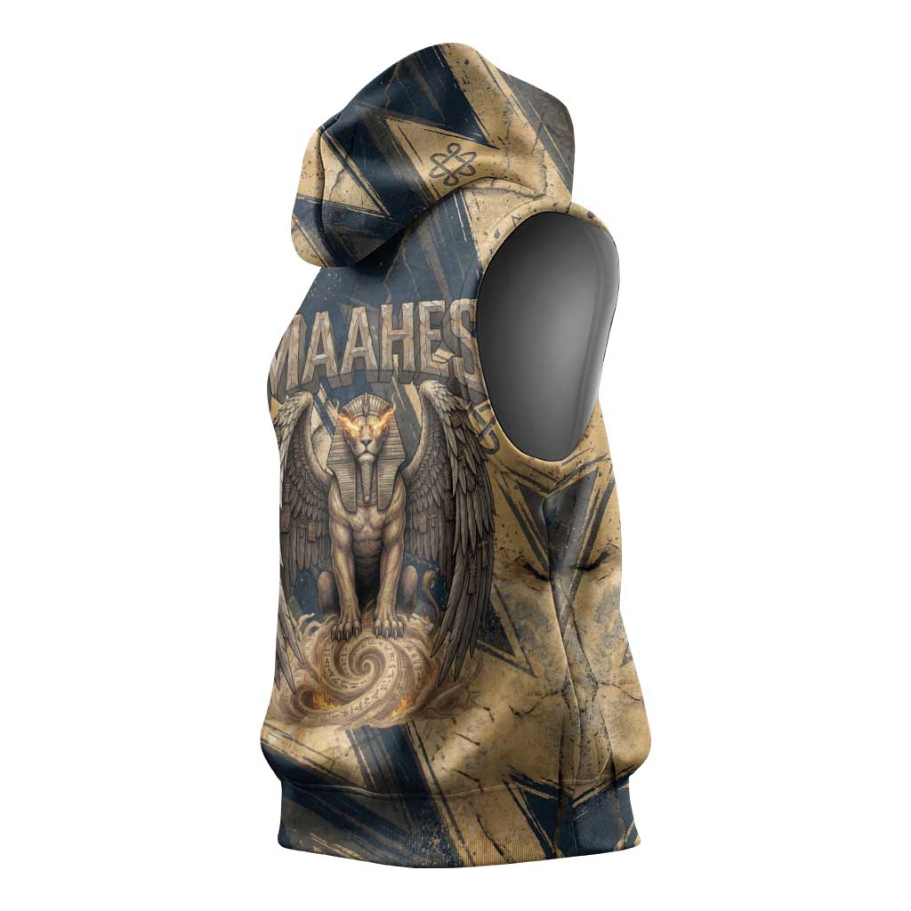 Maahes Ancient Egyptian Sleeveless Hoodie Geometric Pattern Winged Lion Deity, and Sacred Lotus Motif - Wonder Print Shop