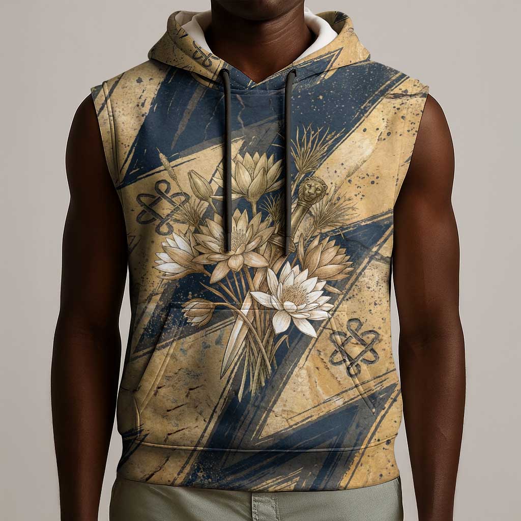 Maahes Ancient Egyptian Sleeveless Hoodie Geometric Pattern Winged Lion Deity, and Sacred Lotus Motif - Wonder Print Shop