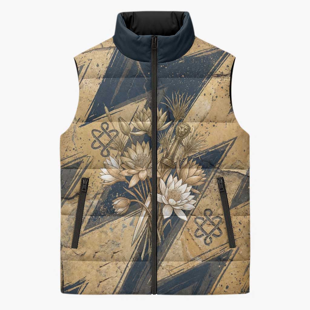 Maahes Ancient Egyptian Sleeveless Puffer Jacket Geometric Pattern Winged Lion Deity, and Sacred Lotus Motif - Wonder Print Shop
