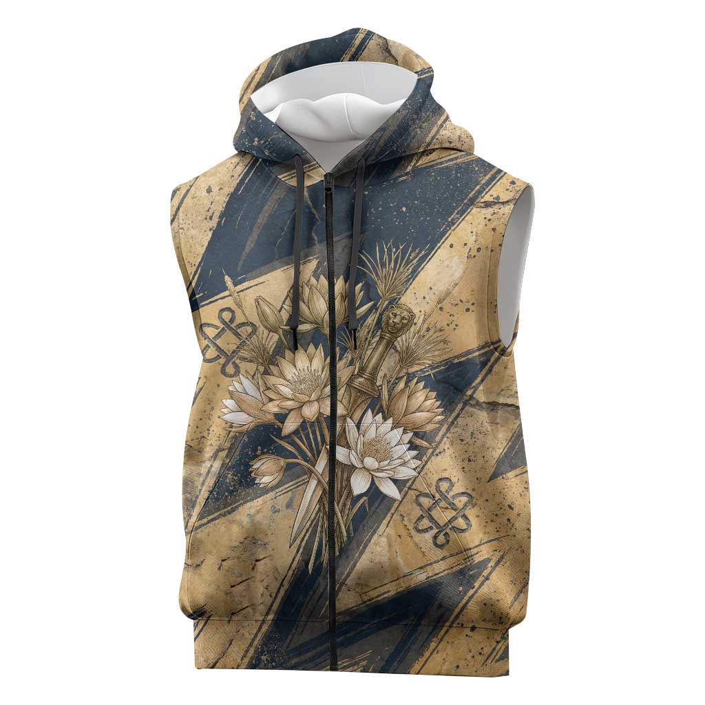 Maahes Ancient Egyptian Sleeveless Zip Hoodie Geometric Pattern Winged Lion Deity, and Sacred Lotus Motif - Wonder Print Shop