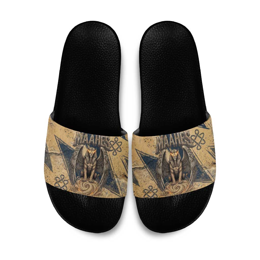 Maahes Ancient Egyptian Slide Sandals Geometric Pattern Winged Lion Deity, and Sacred Lotus Motif - Wonder Print Shop