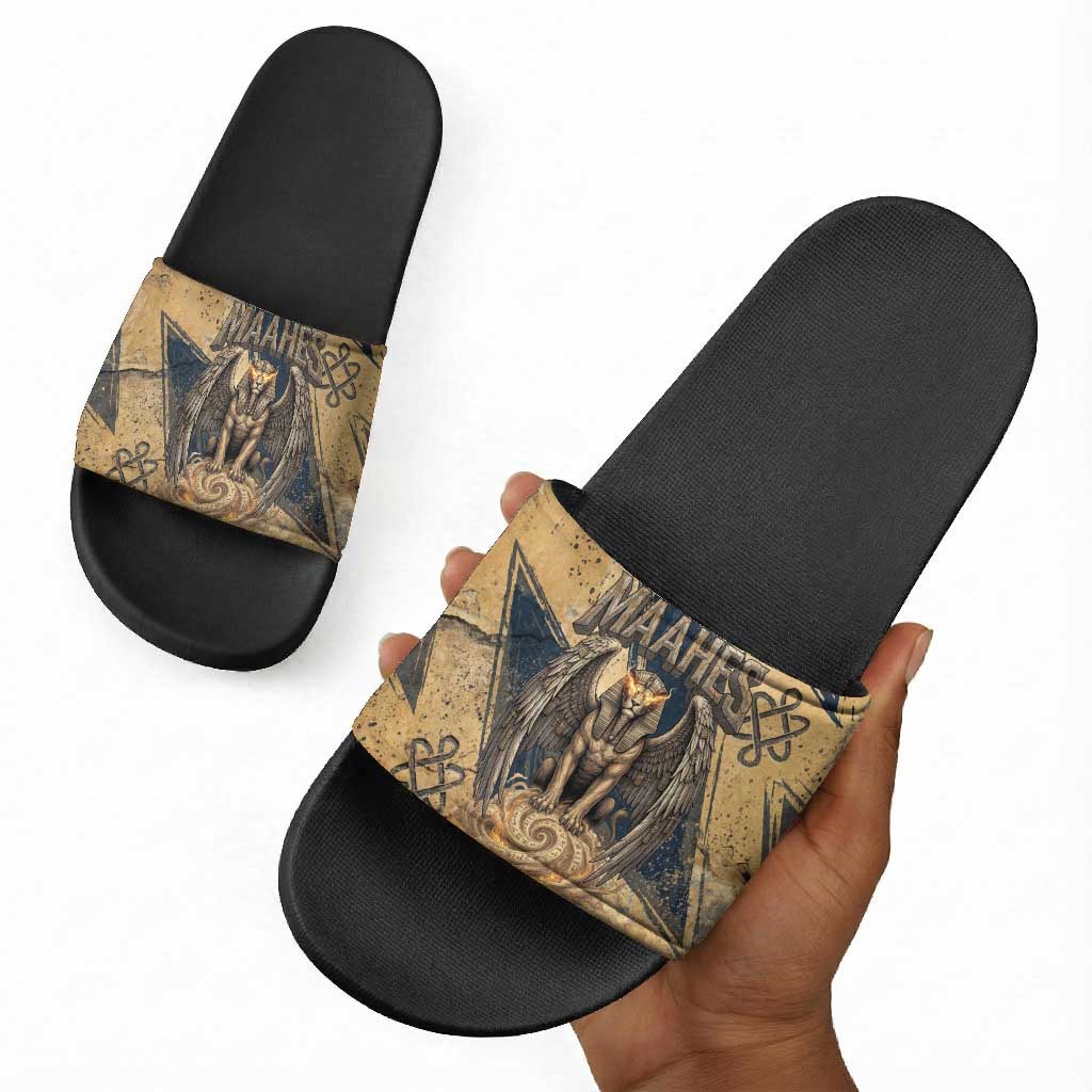 Maahes Ancient Egyptian Slide Sandals Geometric Pattern Winged Lion Deity, and Sacred Lotus Motif - Wonder Print Shop