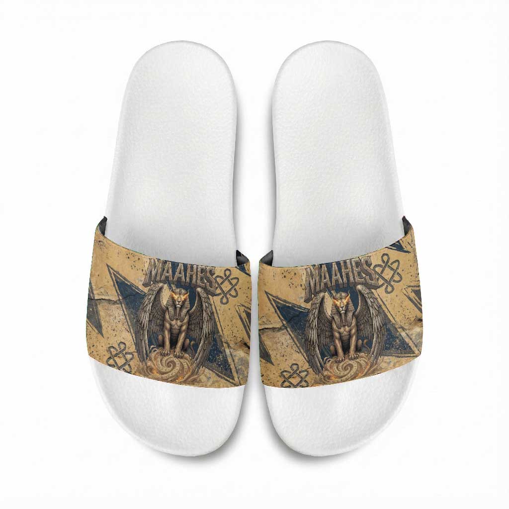 Maahes Ancient Egyptian Slide Sandals Geometric Pattern Winged Lion Deity, and Sacred Lotus Motif - Wonder Print Shop