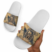 Maahes Ancient Egyptian Slide Sandals Geometric Pattern Winged Lion Deity, and Sacred Lotus Motif - Wonder Print Shop