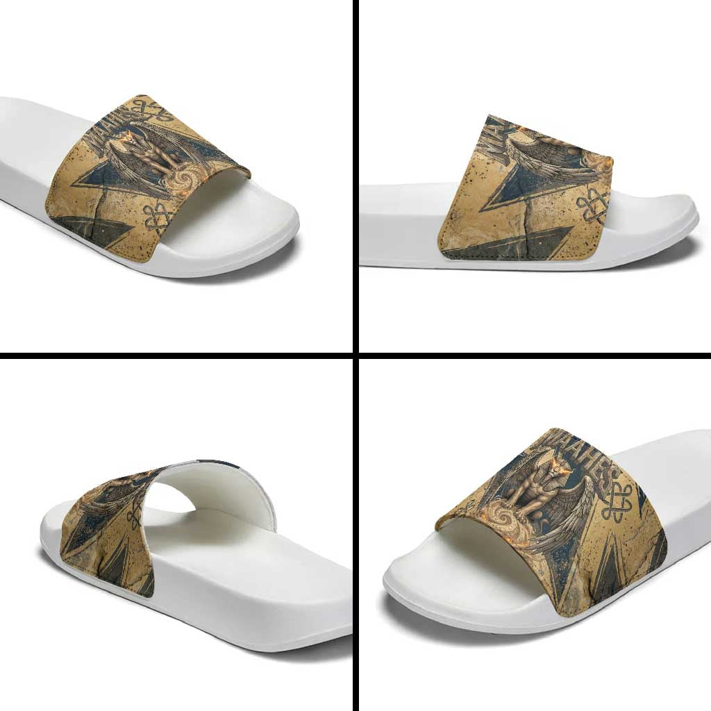 Maahes Ancient Egyptian Slide Sandals Geometric Pattern Winged Lion Deity, and Sacred Lotus Motif - Wonder Print Shop
