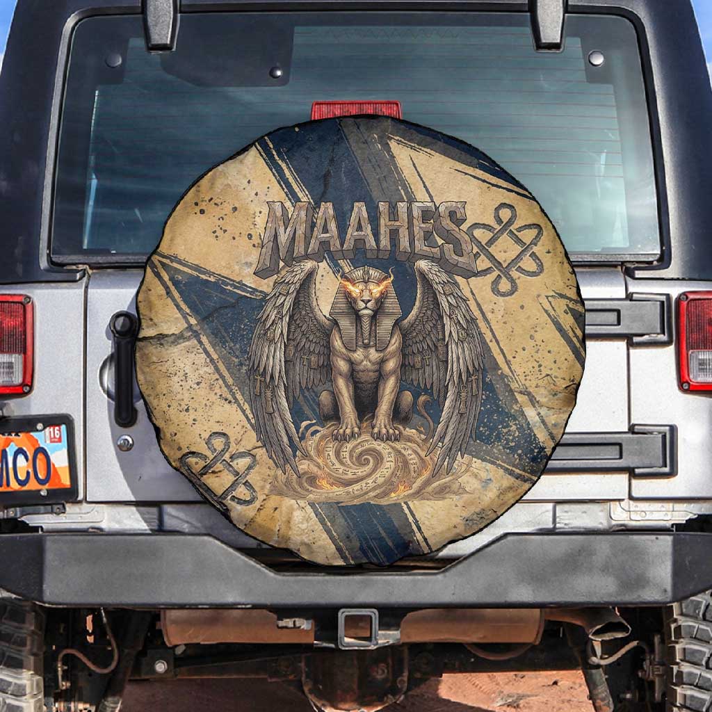 Maahes Ancient Egyptian Spare Tire Cover Geometric Pattern Winged Lion Deity, and Sacred Lotus Motif - Wonder Print Shop