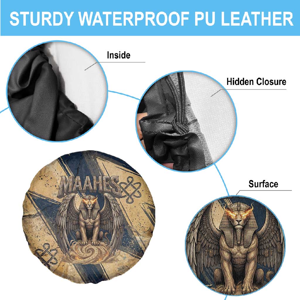 Maahes Ancient Egyptian Spare Tire Cover Geometric Pattern Winged Lion Deity, and Sacred Lotus Motif - Wonder Print Shop