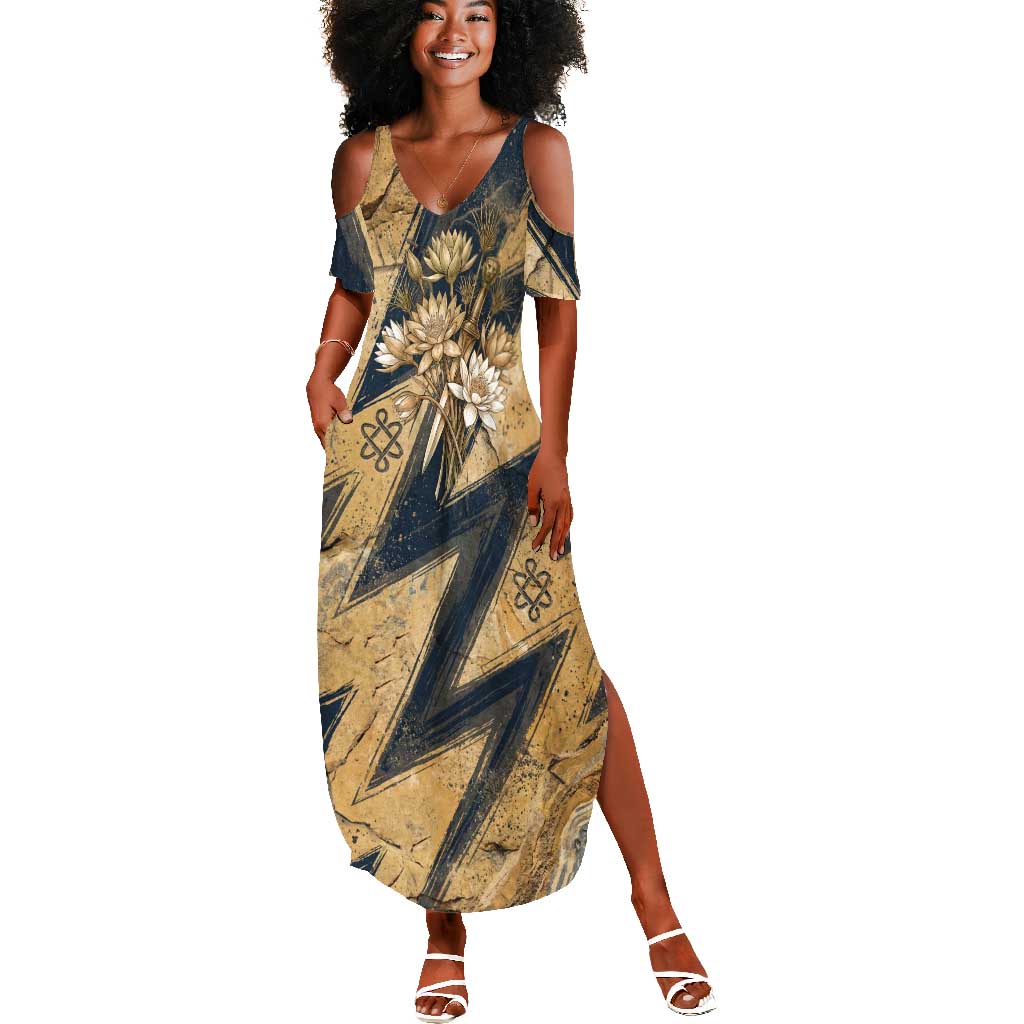 Maahes Ancient Egyptian Summer Maxi Dress Geometric Pattern Winged Lion Deity, and Sacred Lotus Motif - Wonder Print Shop