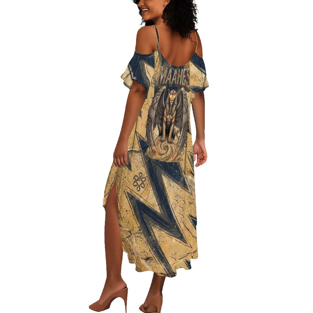 Maahes Ancient Egyptian Summer Maxi Dress Geometric Pattern Winged Lion Deity, and Sacred Lotus Motif - Wonder Print Shop