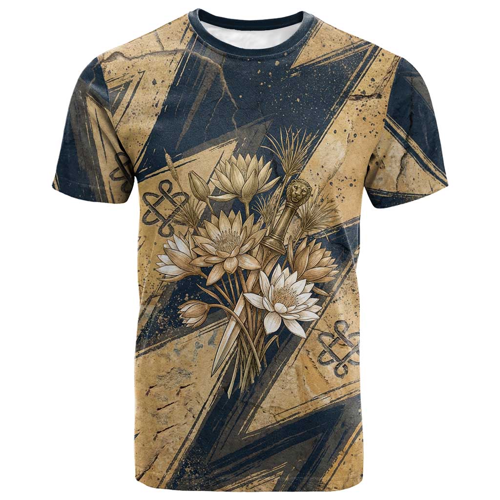 Maahes Ancient Egyptian T shirt Geometric Pattern Winged Lion Deity, and Sacred Lotus Motif - Wonder Print Shop