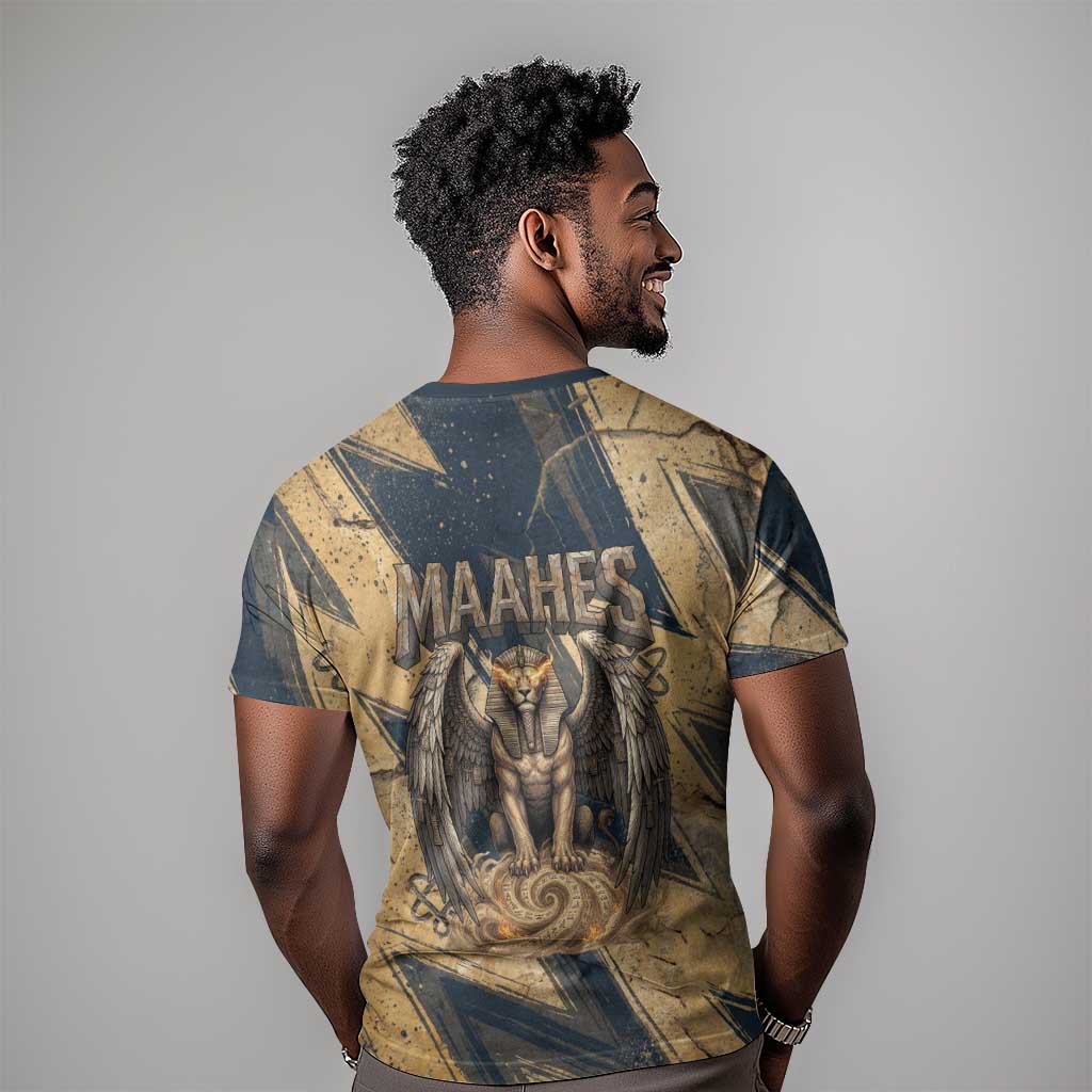 Maahes Ancient Egyptian T shirt Geometric Pattern Winged Lion Deity, and Sacred Lotus Motif - Wonder Print Shop