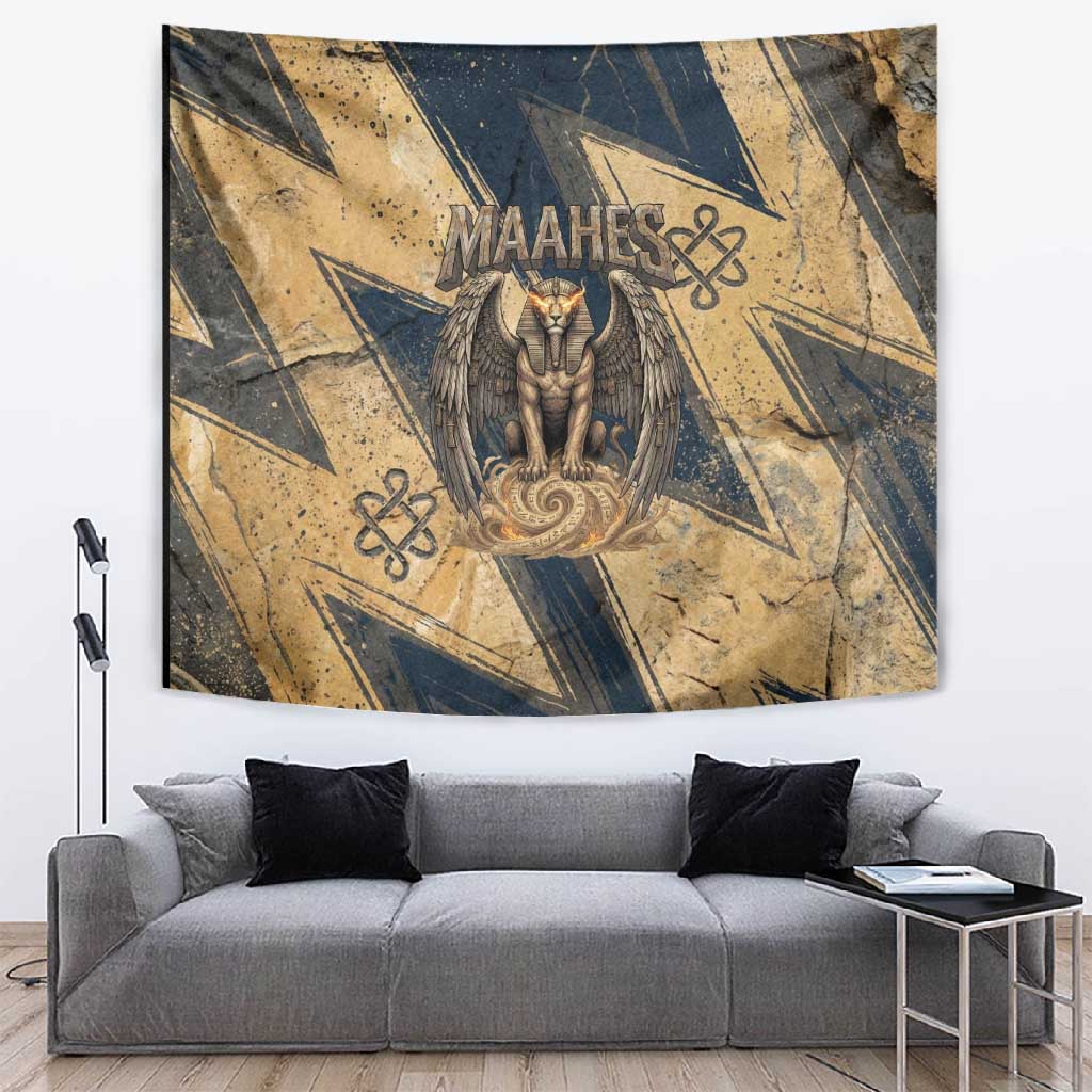 Maahes Ancient Egyptian Tapestry Geometric Pattern Winged Lion Deity, and Sacred Lotus Motif - Wonder Print Shop