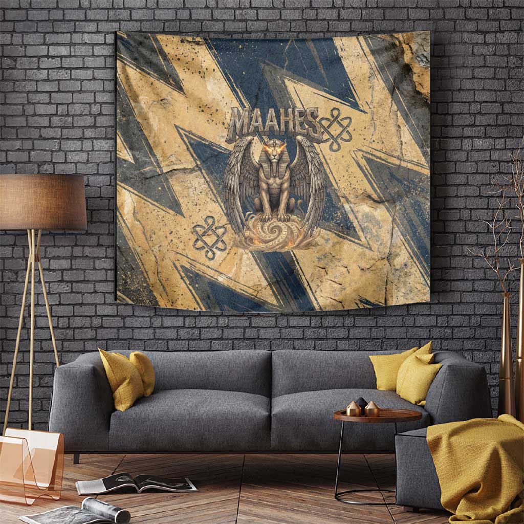 Maahes Ancient Egyptian Tapestry Geometric Pattern Winged Lion Deity, and Sacred Lotus Motif - Wonder Print Shop