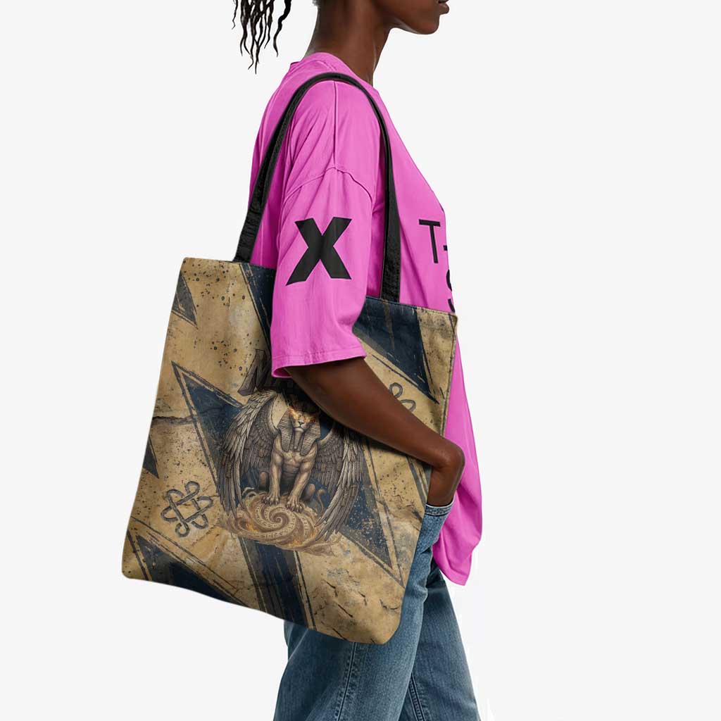 Maahes Ancient Egyptian Tote Bag Geometric Pattern Winged Lion Deity, and Sacred Lotus Motif - Wonder Print Shop