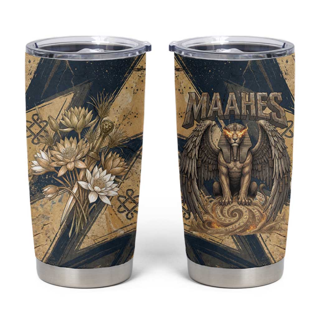 Maahes Ancient Egyptian Tumbler Cup Geometric Pattern Winged Lion Deity, and Sacred Lotus Motif - Wonder Print Shop