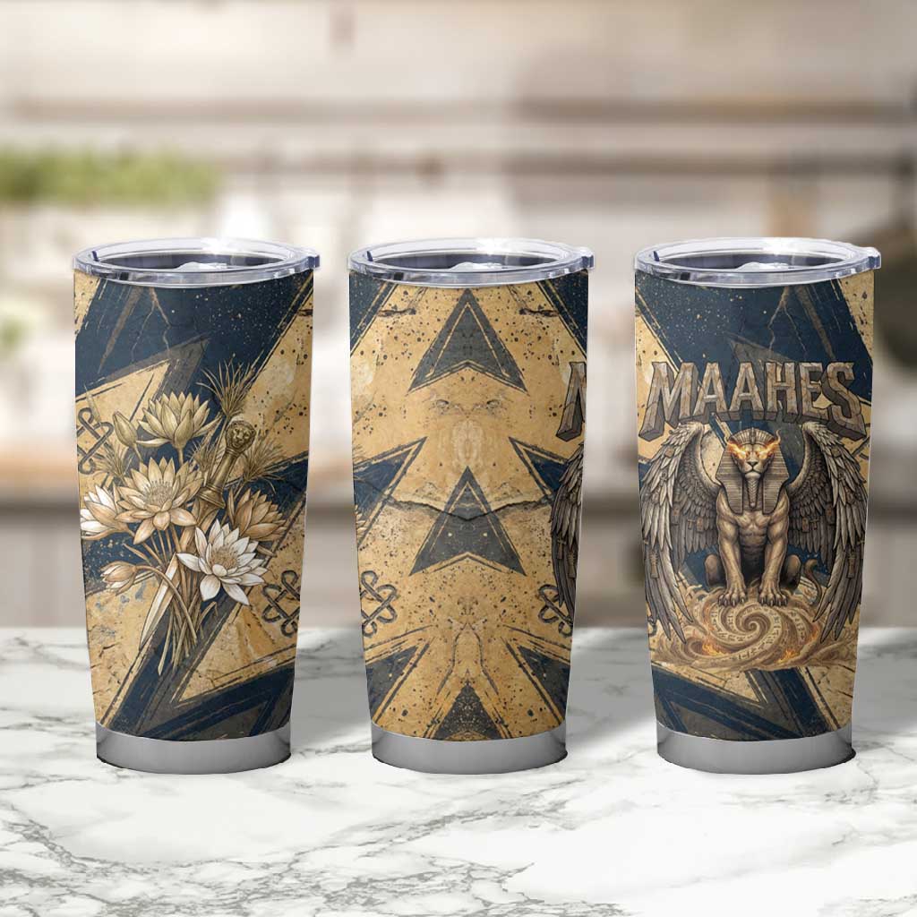 Maahes Ancient Egyptian Tumbler Cup Geometric Pattern Winged Lion Deity, and Sacred Lotus Motif - Wonder Print Shop