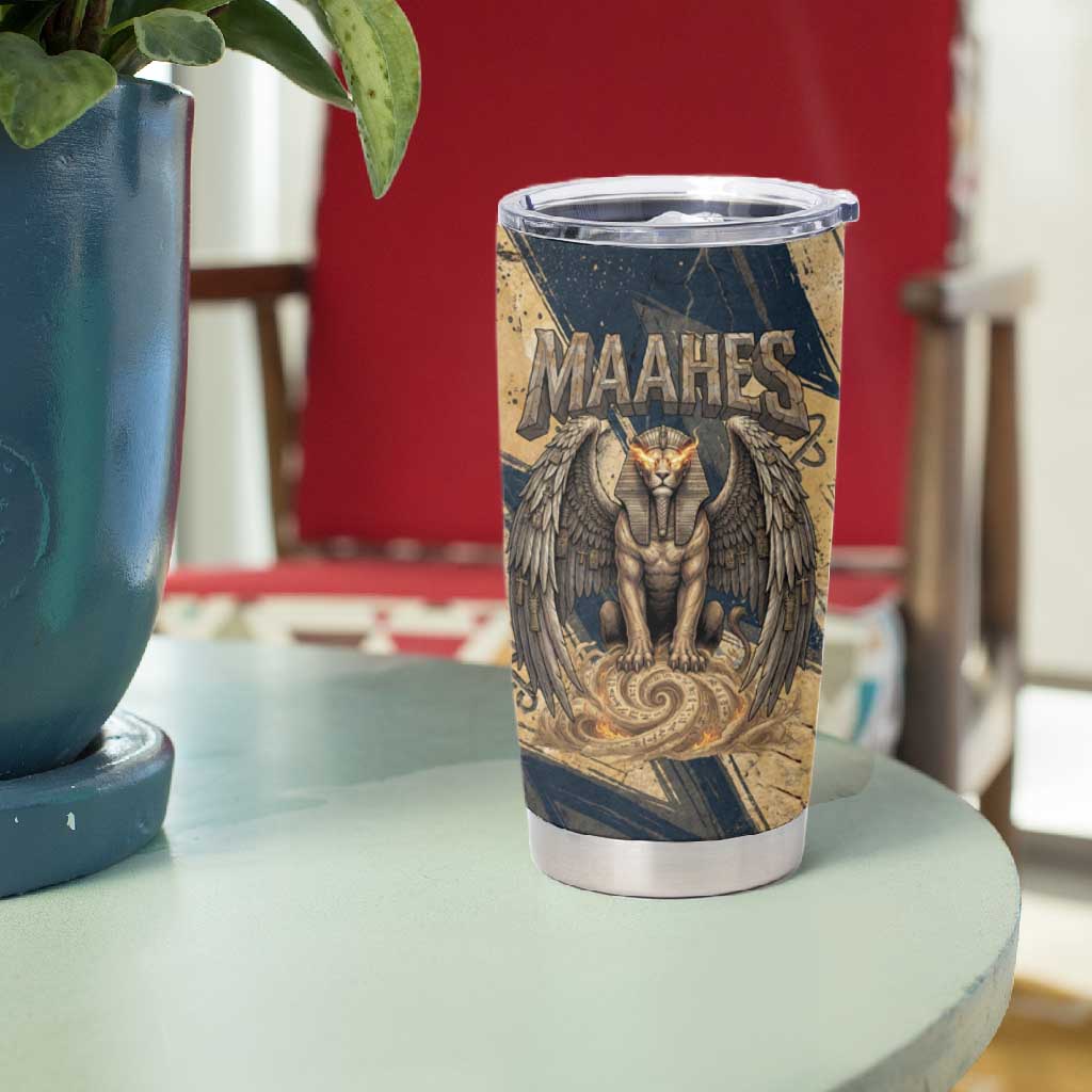 Maahes Ancient Egyptian Tumbler Cup Geometric Pattern Winged Lion Deity, and Sacred Lotus Motif - Wonder Print Shop