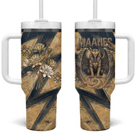 Maahes Ancient Egyptian Tumbler With Handle Geometric Pattern Winged Lion Deity, and Sacred Lotus Motif - Wonder Print Shop