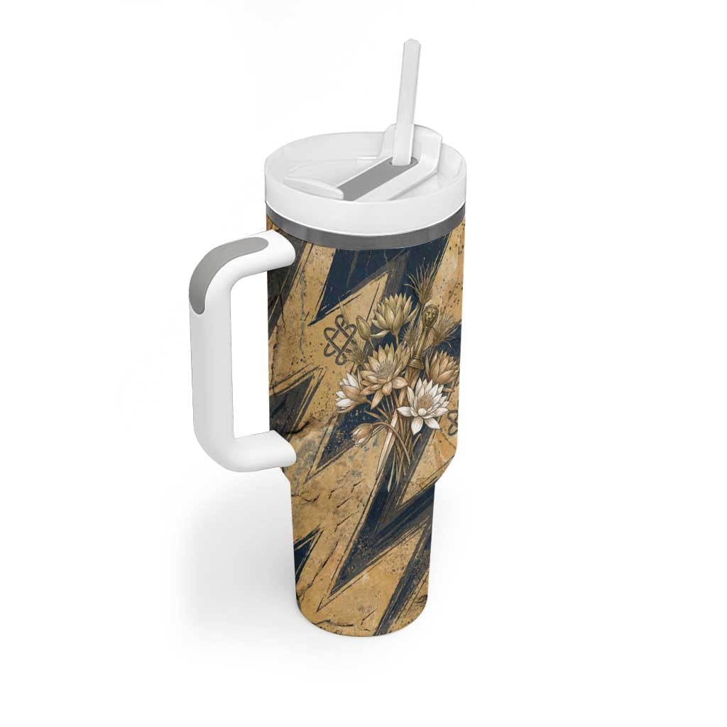 Maahes Ancient Egyptian Tumbler With Handle Geometric Pattern Winged Lion Deity, and Sacred Lotus Motif - Wonder Print Shop