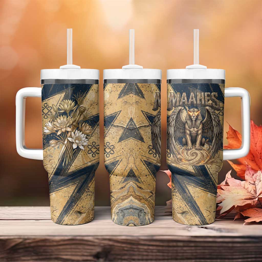 Maahes Ancient Egyptian Tumbler With Handle Geometric Pattern Winged Lion Deity, and Sacred Lotus Motif - Wonder Print Shop