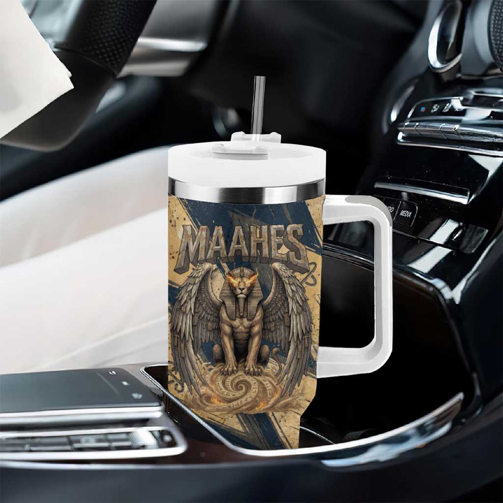 Maahes Ancient Egyptian Tumbler With Handle Geometric Pattern Winged Lion Deity, and Sacred Lotus Motif - Wonder Print Shop