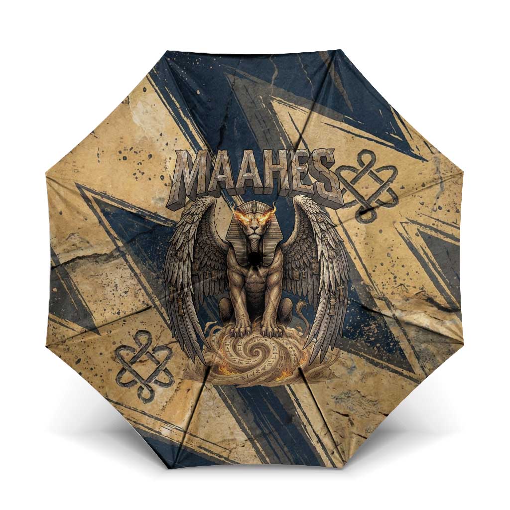 Maahes Ancient Egyptian Umbrella Geometric Pattern Winged Lion Deity, and Sacred Lotus Motif - Wonder Print Shop