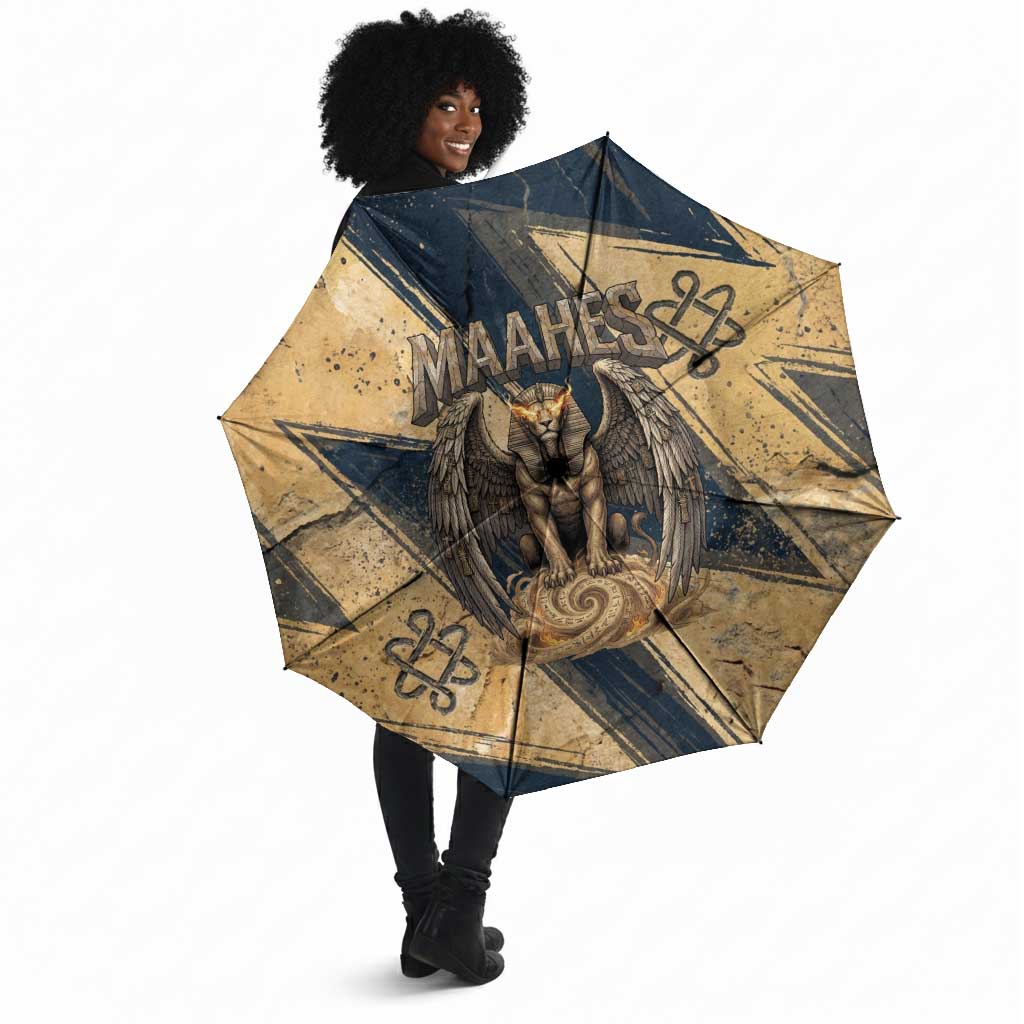 Maahes Ancient Egyptian Umbrella Geometric Pattern Winged Lion Deity, and Sacred Lotus Motif - Wonder Print Shop