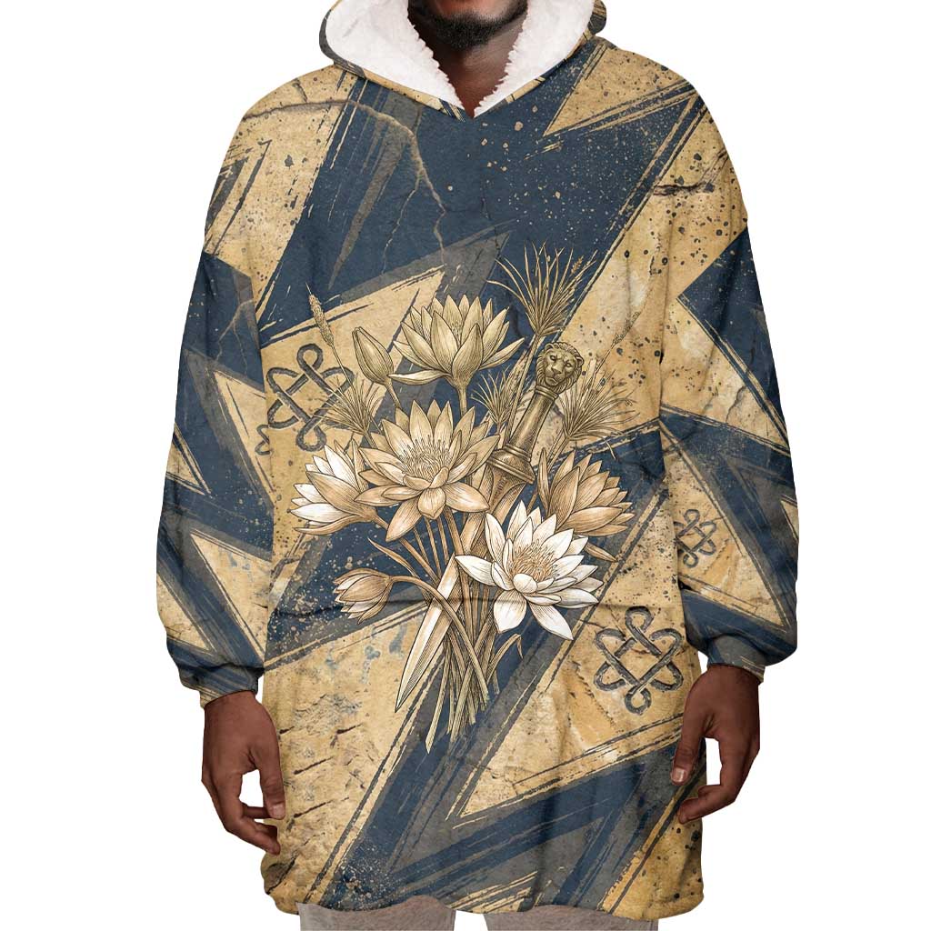 Maahes Ancient Egyptian Wearable Blanket Hoodie Geometric Pattern Winged Lion Deity, and Sacred Lotus Motif - Wonder Print Shop