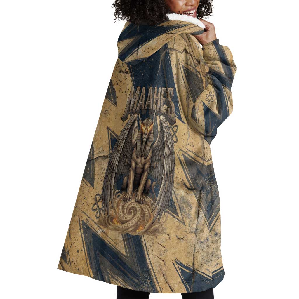 Maahes Ancient Egyptian Wearable Blanket Hoodie Geometric Pattern Winged Lion Deity, and Sacred Lotus Motif - Wonder Print Shop