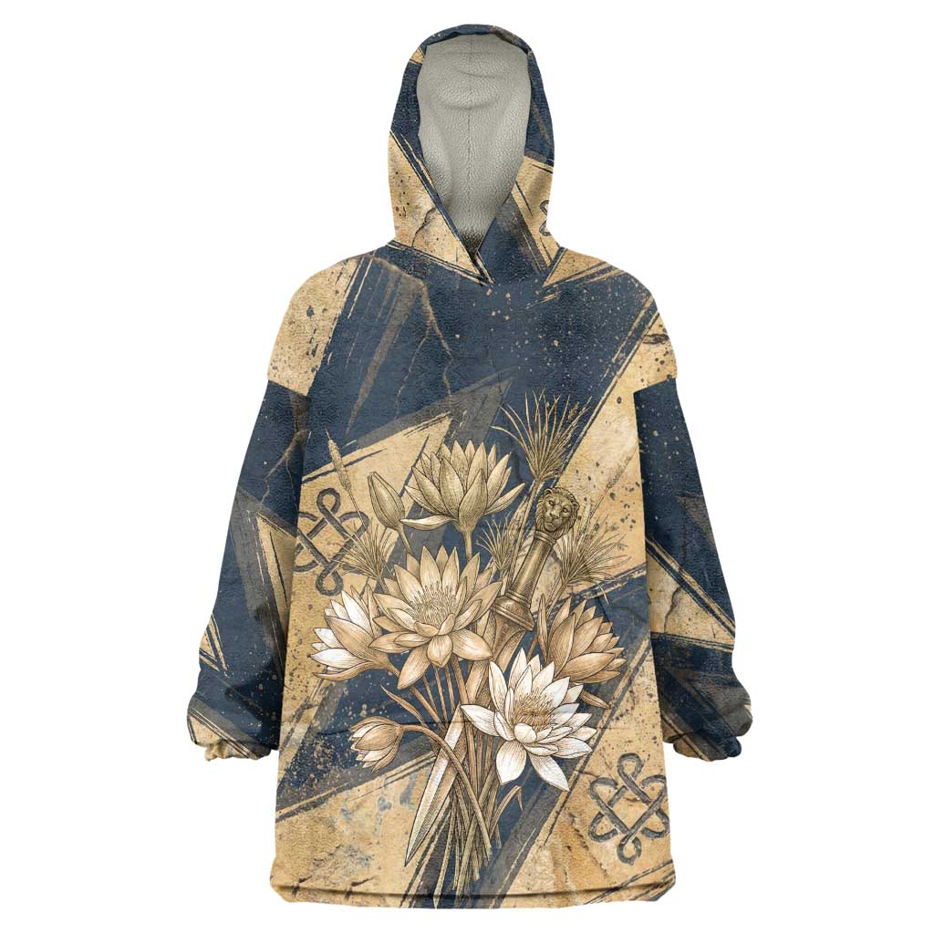 Maahes Ancient Egyptian Wearable Blanket Hoodie Geometric Pattern Winged Lion Deity, and Sacred Lotus Motif - Wonder Print Shop