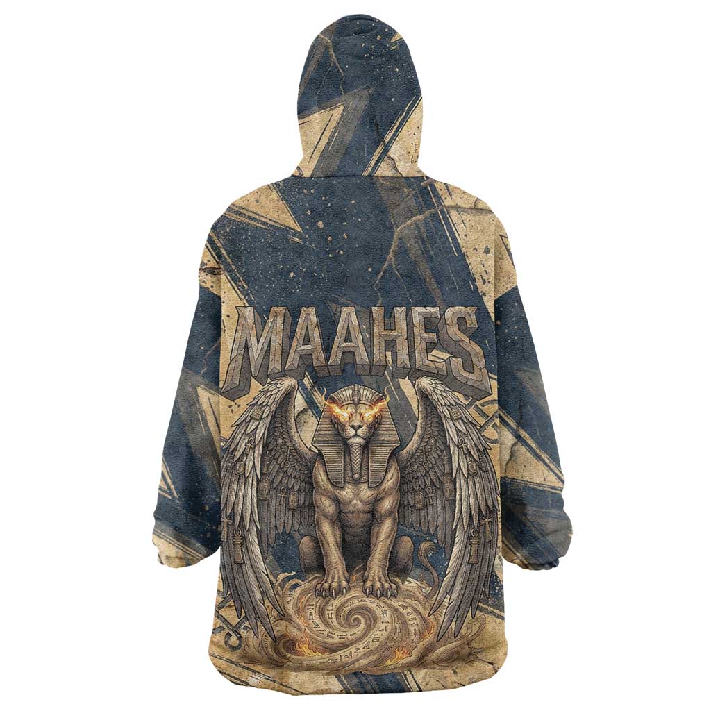 Maahes Ancient Egyptian Wearable Blanket Hoodie Geometric Pattern Winged Lion Deity, and Sacred Lotus Motif - Wonder Print Shop