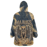 Maahes Ancient Egyptian Wearable Blanket Hoodie Geometric Pattern Winged Lion Deity, and Sacred Lotus Motif - Wonder Print Shop