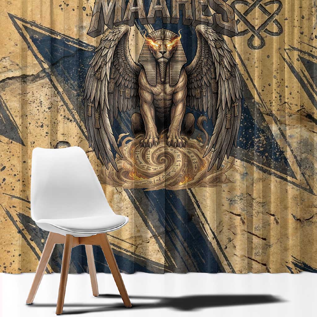 Maahes Ancient Egyptian Window Curtain Geometric Pattern Winged Lion Deity, and Sacred Lotus Motif - Wonder Print Shop