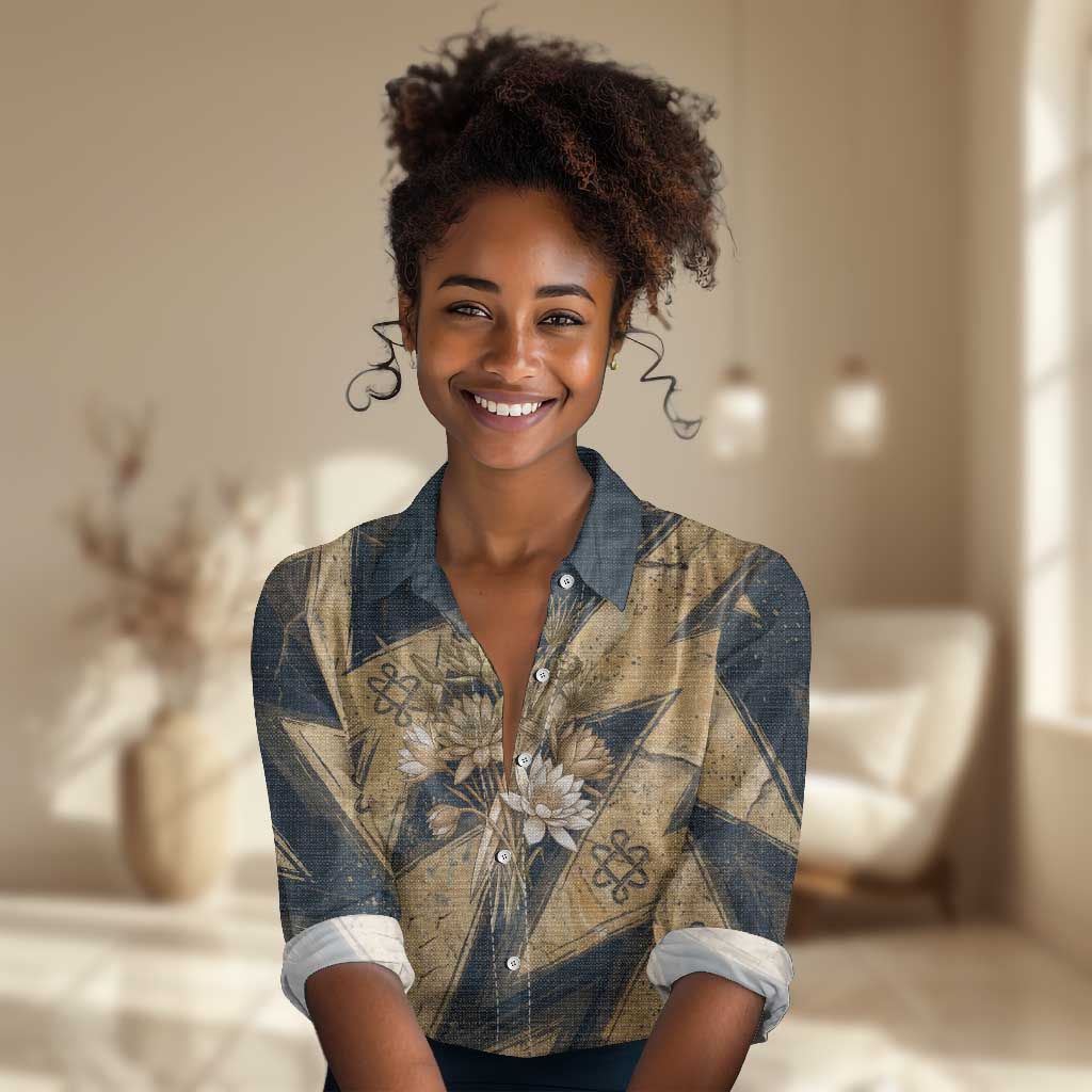 Maahes Ancient Egyptian Women Casual Shirt Geometric Pattern Winged Lion Deity, and Sacred Lotus Motif - Wonder Print Shop