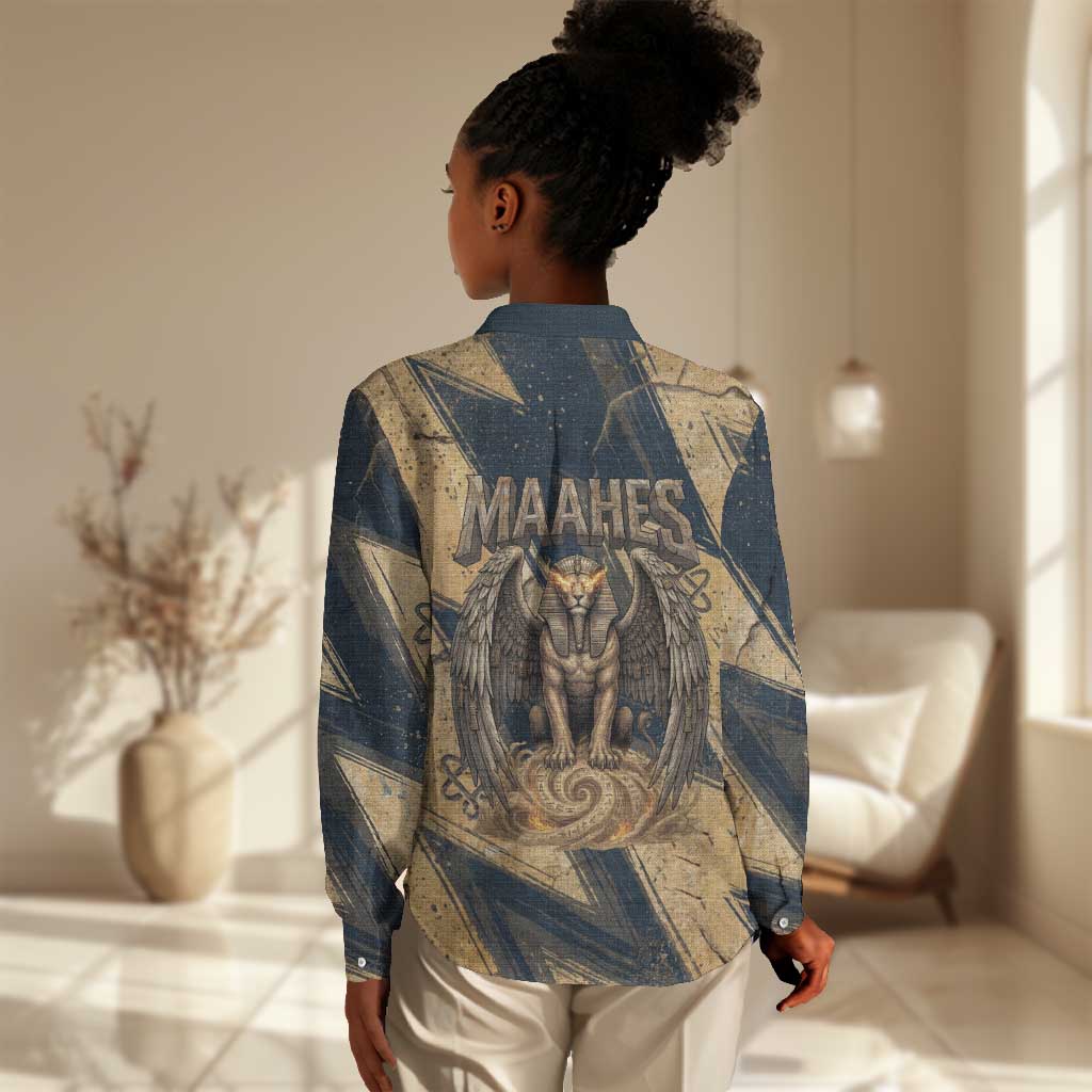 Maahes Ancient Egyptian Women Casual Shirt Geometric Pattern Winged Lion Deity, and Sacred Lotus Motif - Wonder Print Shop